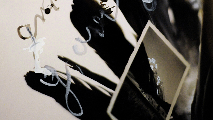 Collage "Gravity" mit Federn und Foto