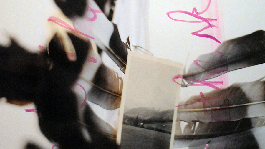 Collage mit Federn, altem Feder, rote Schrift