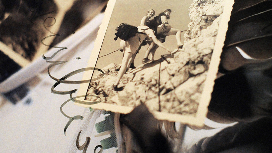 Collage mit Feder und Foto von Bergsteigern