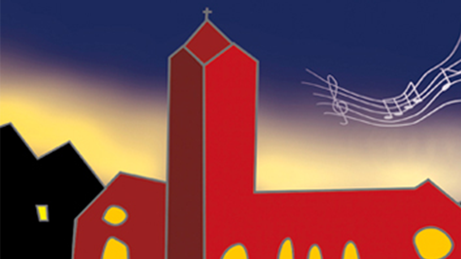 Grafik: Rote Kirche im Abendlicht mit Notenzeile