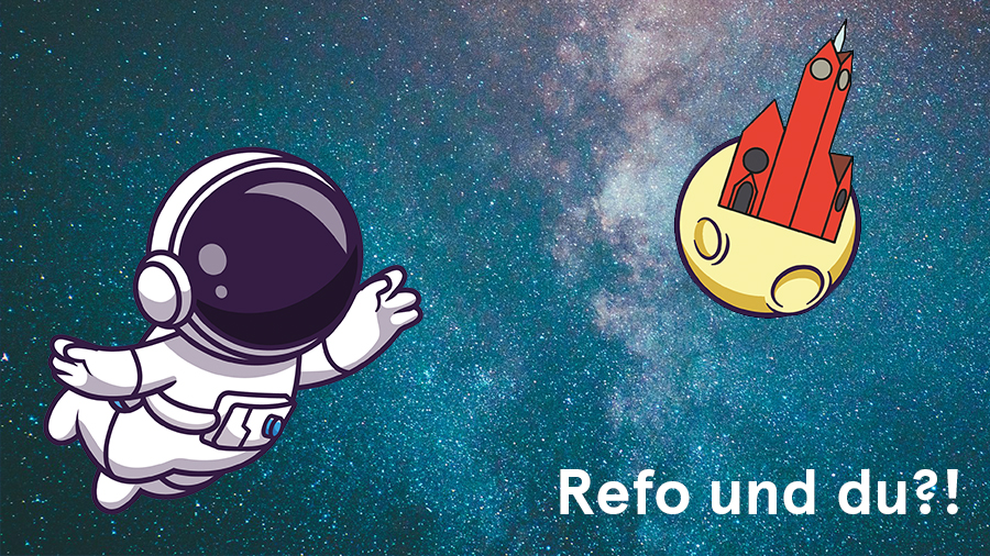 Grafik: Astronaut fliegt Richtung Planet mit Refo-Kirche