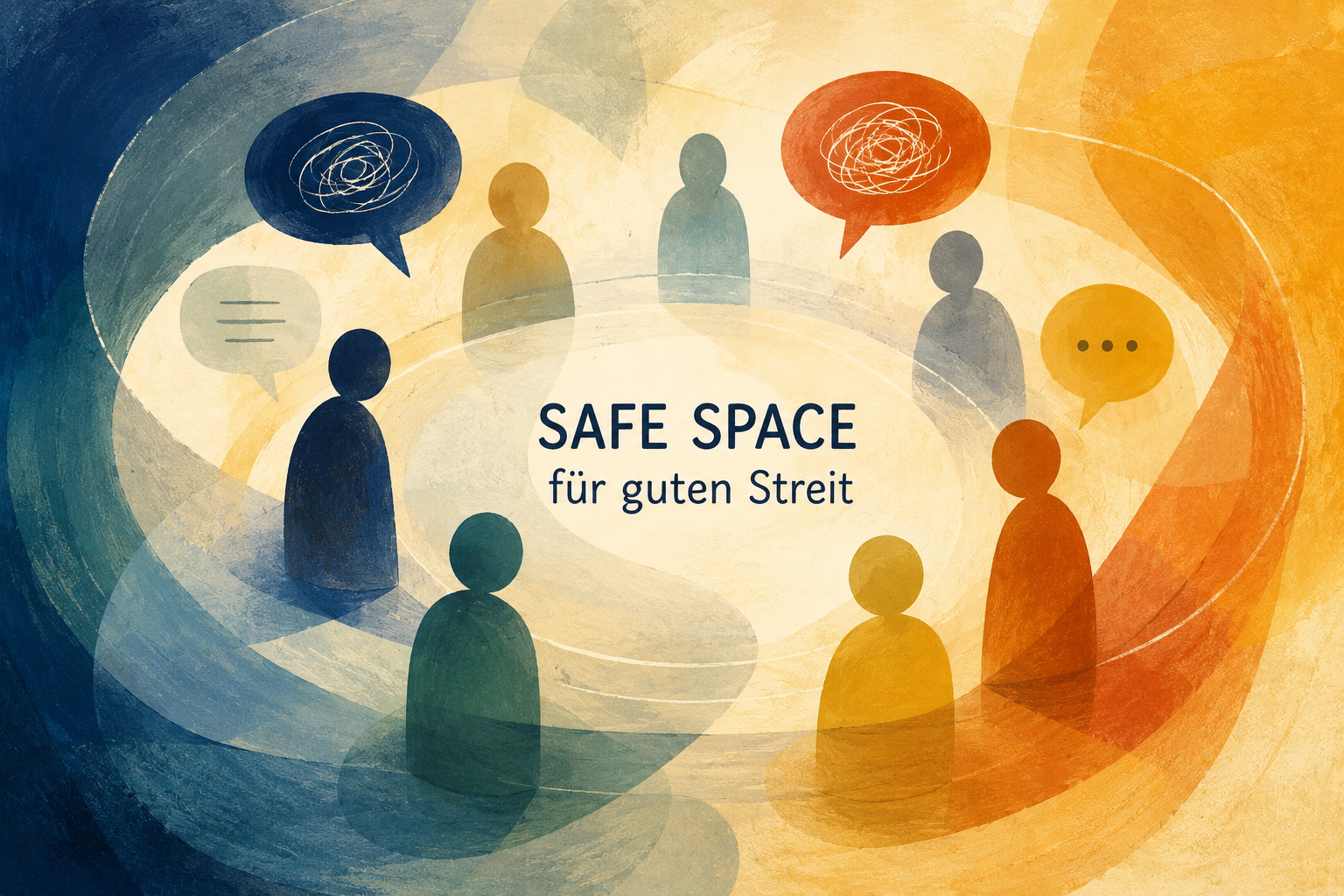 Grafik: Farbige Figuren im Kreis mit Sprechblasen. Text: Safe Space für guten Streit