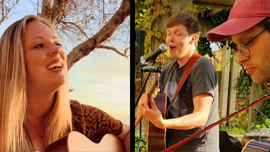 Splitbild: links Sängerin mit Gitarre, recht 2 Musiker mit Gitarre